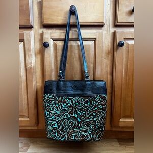 Patricia Nash Turquoise and Brown Leather tooled convertible handbag/backpack
